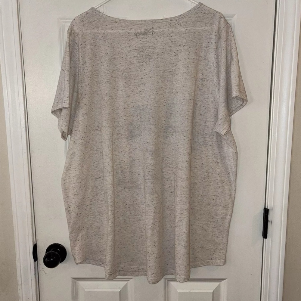 Disney Mickey Mouse Graphic V-Neck T-Shirt – Soft Beige Short Sleeve Casual Tee - Picture 3 of 4